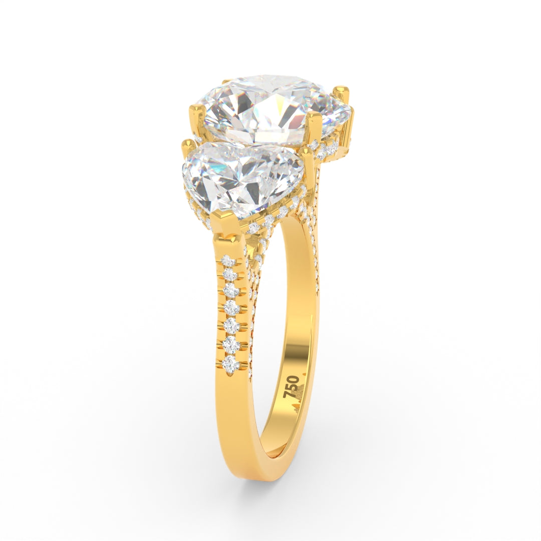 Victoria Round Brilliant Cut Diamond Engagement Ring with Heart Cut Side Diamonds and 3D Diamond Band