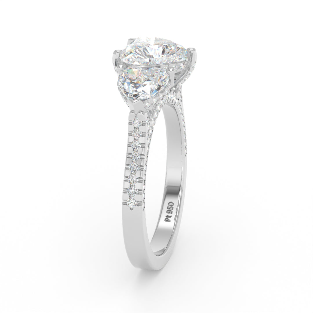 Victoria Heart Cut Diamond Engagement Ring with Heart Cut Side Diamonds and 3D Diamond Band