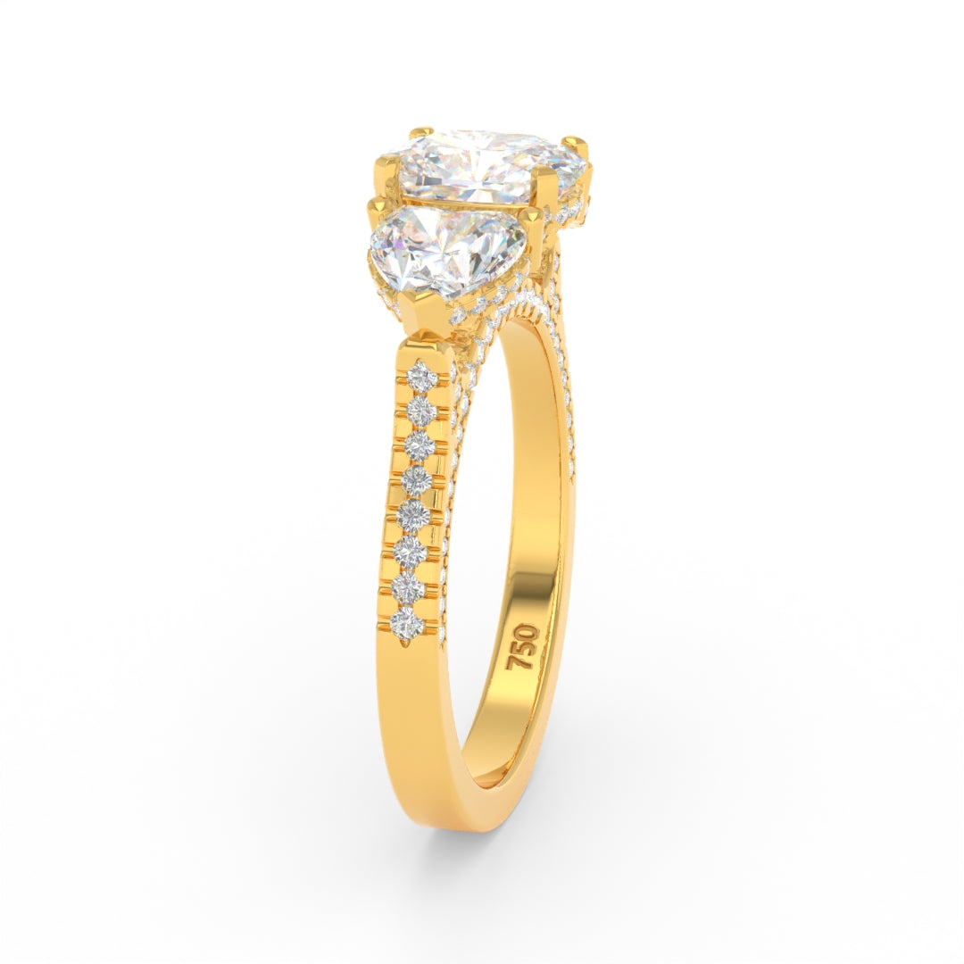 Victoria Cushion Cut Diamond Engagement Ring with Heart Cut Side Diamonds and 3D Diamond Band