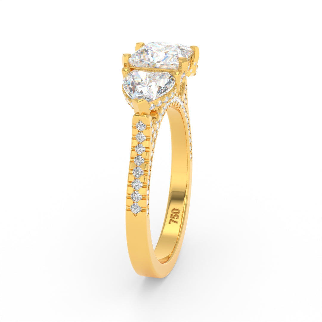 Bague de fiançailles Victoria en diamant taille princesse avec diamants latéraux taille cœur et anneau en diamant 3D