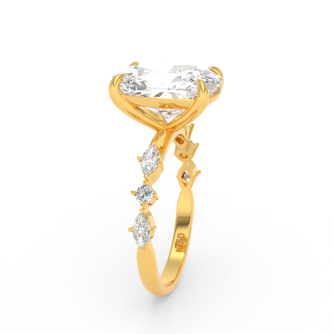 Elizabeth Cushion Diamond Engagement Ring With A Marquise and Round Cut Diamond Band