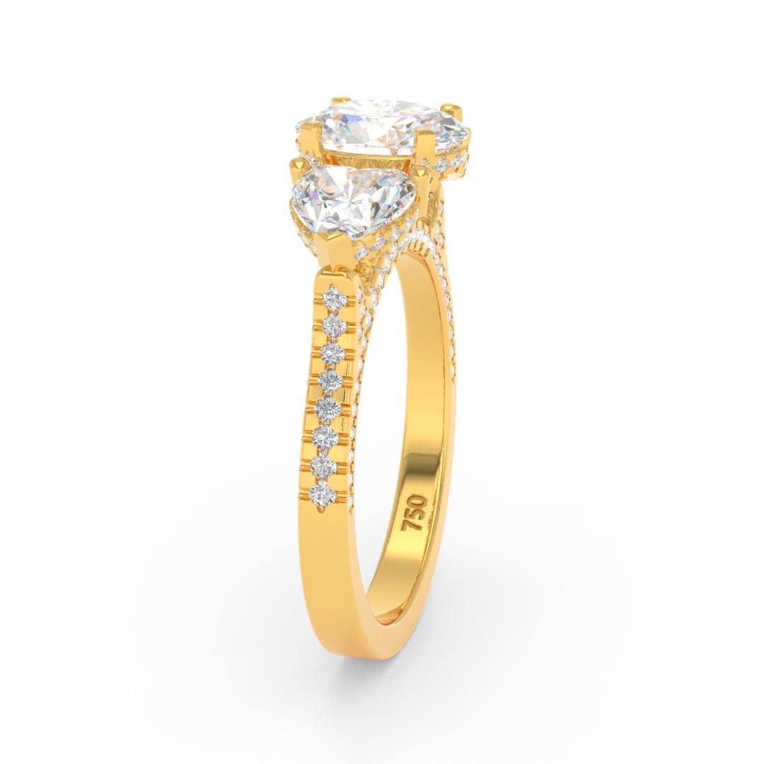 Victoria Oval Cut Diamond Engagement Ring with Heart Cut Side Diamonds and 3D Diamond Band