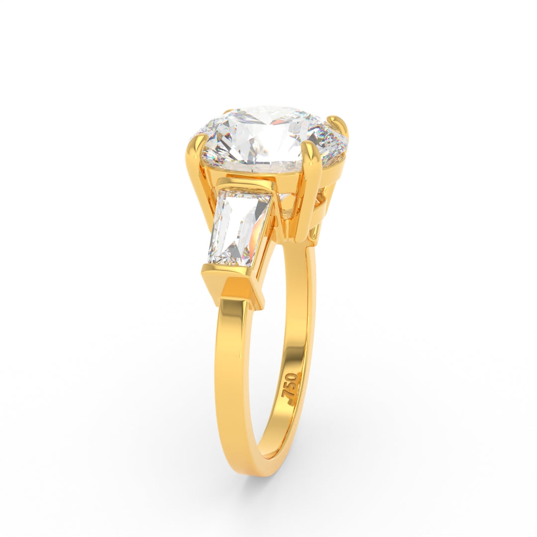 Bague de fiançailles Mary avec diamant rond taille brillant et diamants latéraux taille baguette effilés