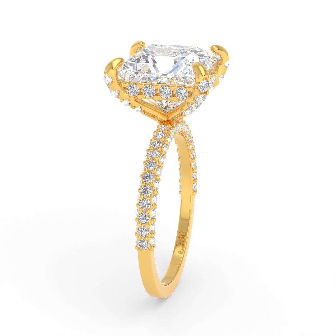 Bague de fiançailles Mia en diamant taille princesse avec halo de diamants cachés et anneau en diamant 3D