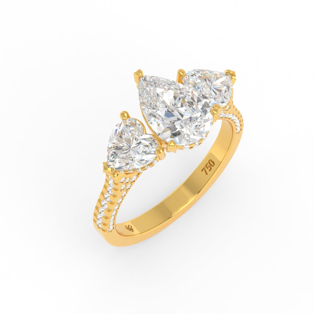 Victoria Pear Cut Diamond Engagement Ring with Heart Cut Side Diamonds and 3D Diamond Band