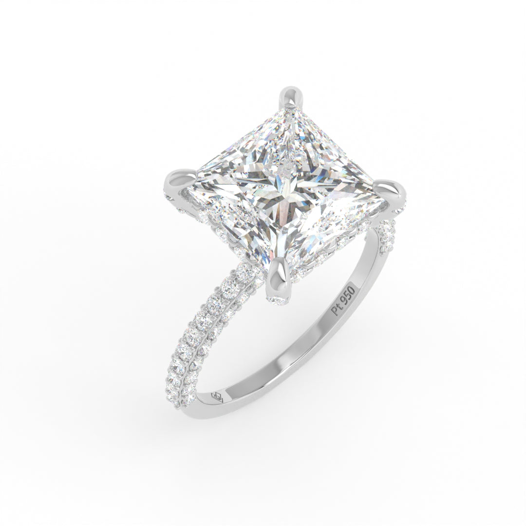 Bague de fiançailles Mia en diamant taille princesse avec halo de diamants cachés et anneau en diamant 3D