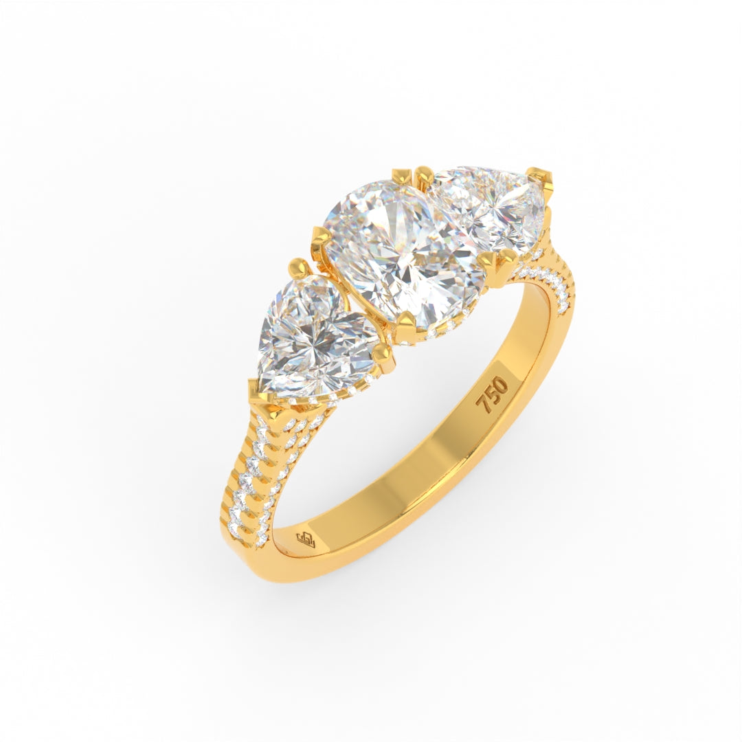 Victoria Cushion Cut Diamond Engagement Ring with Heart Cut Side Diamonds and 3D Diamond Band