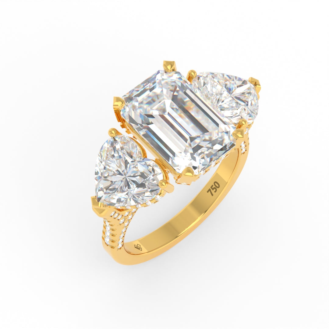 Victoria Emerald Cut Diamond Engagement Ring with Heart Cut Side Diamonds and 3D Diamond Band