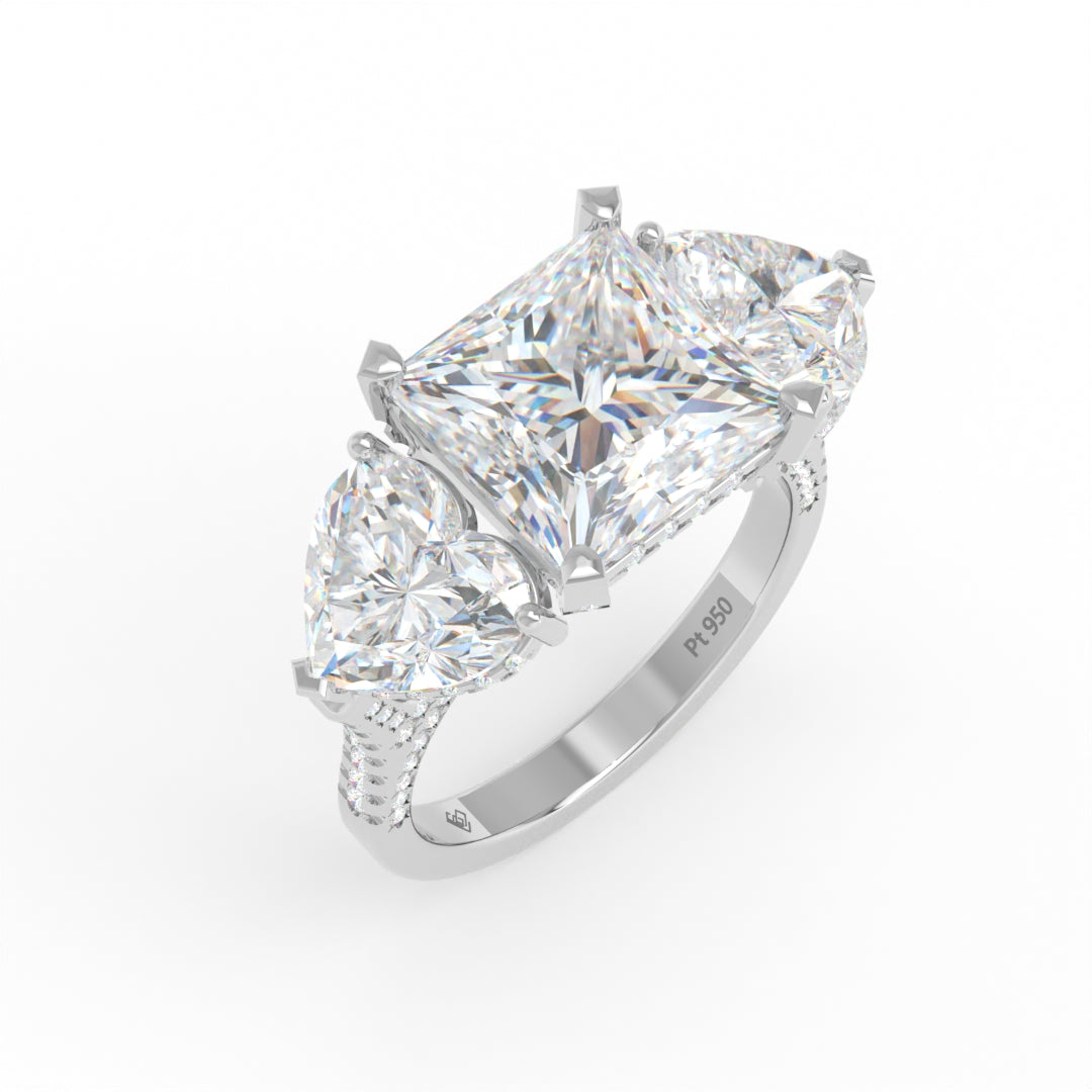 Victoria Princess Cut Diamond Engagement Ring with Heart Cut Side Diamonds and 3D Diamond Band
