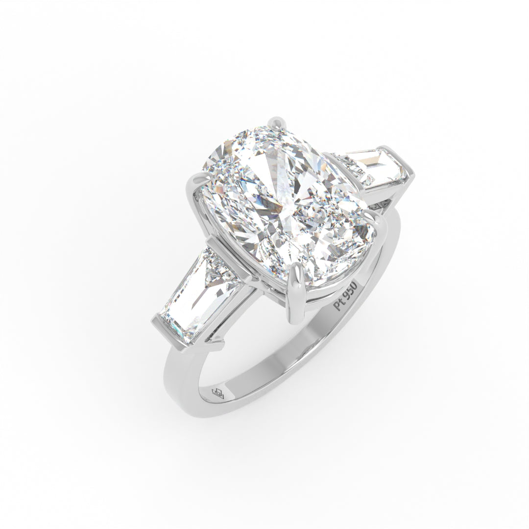 Mary Cushion Cut Diamond Engagement Ring with Tapering Baguette Cut Side Diamonds