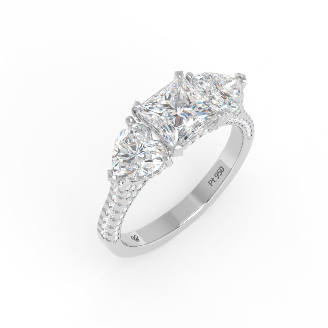 Victoria Princess Cut Diamond Engagement Ring with Heart Cut Side Diamonds and 3D Diamond Band