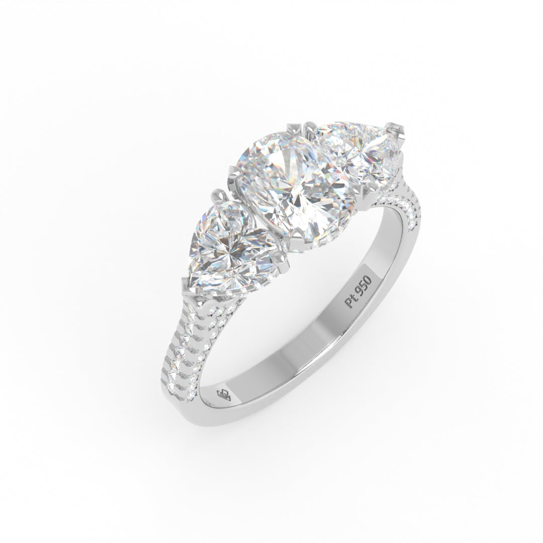 Victoria Cushion Cut Diamond Engagement Ring with Heart Cut Side Diamonds and 3D Diamond Band