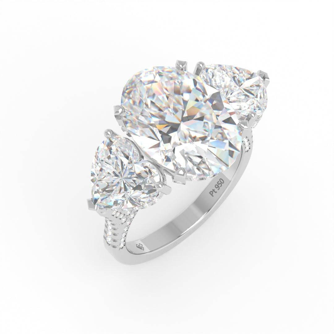 Victoria Oval Cut Diamond Engagement Ring with Heart Cut Side Diamonds and 3D Diamond Band