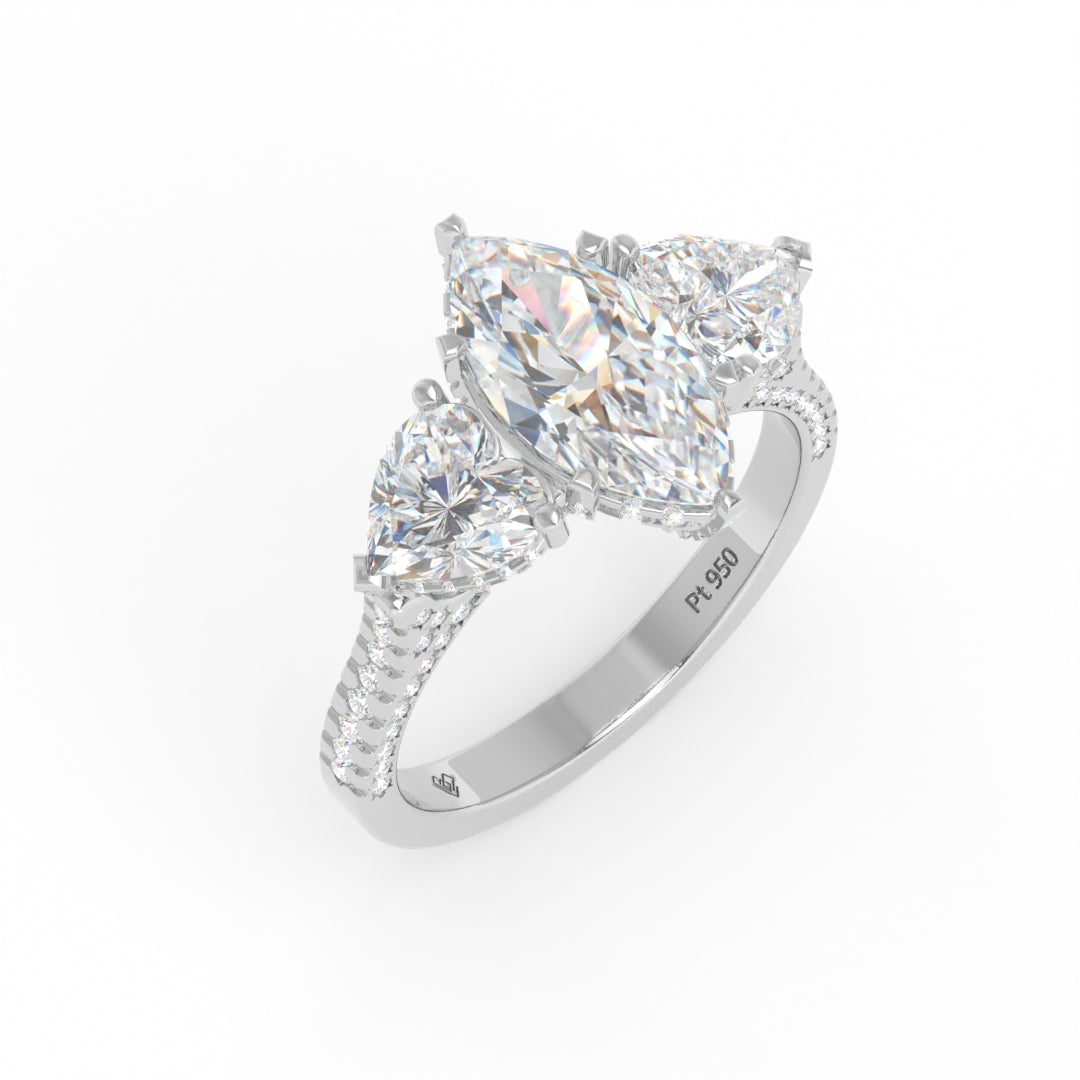 Victoria Marquise Cut Diamond Engagement Ring with Heart Cut Side Diamonds and 3D Diamond Band