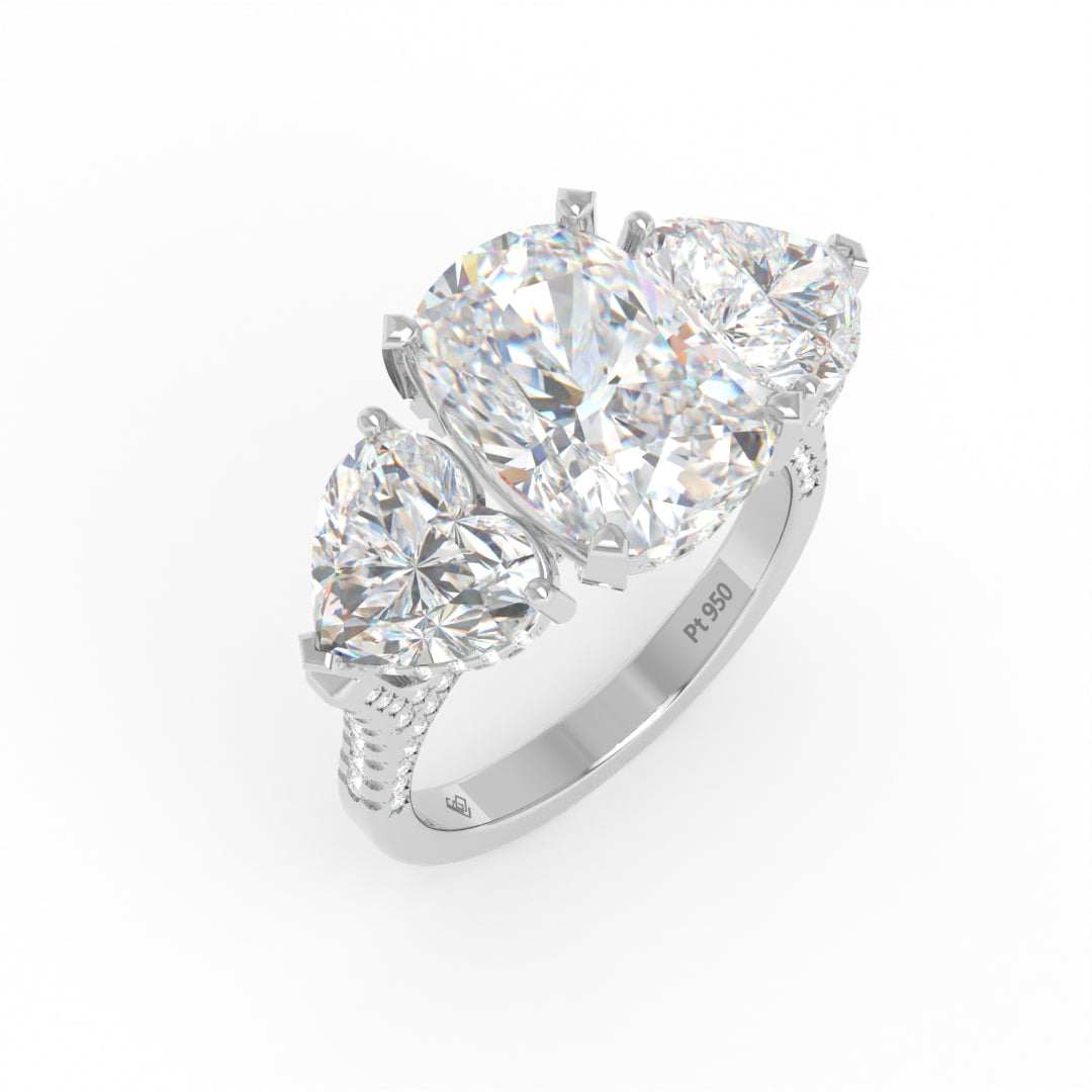 Victoria Cushion Cut Diamond Engagement Ring with Heart Cut Side Diamonds and 3D Diamond Band