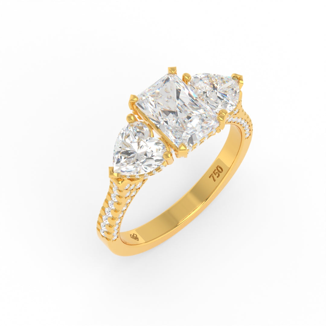 Victoria Radiant Cut Diamond Engagement Ring with Heart Cut Side Diamonds and 3D Diamond Band