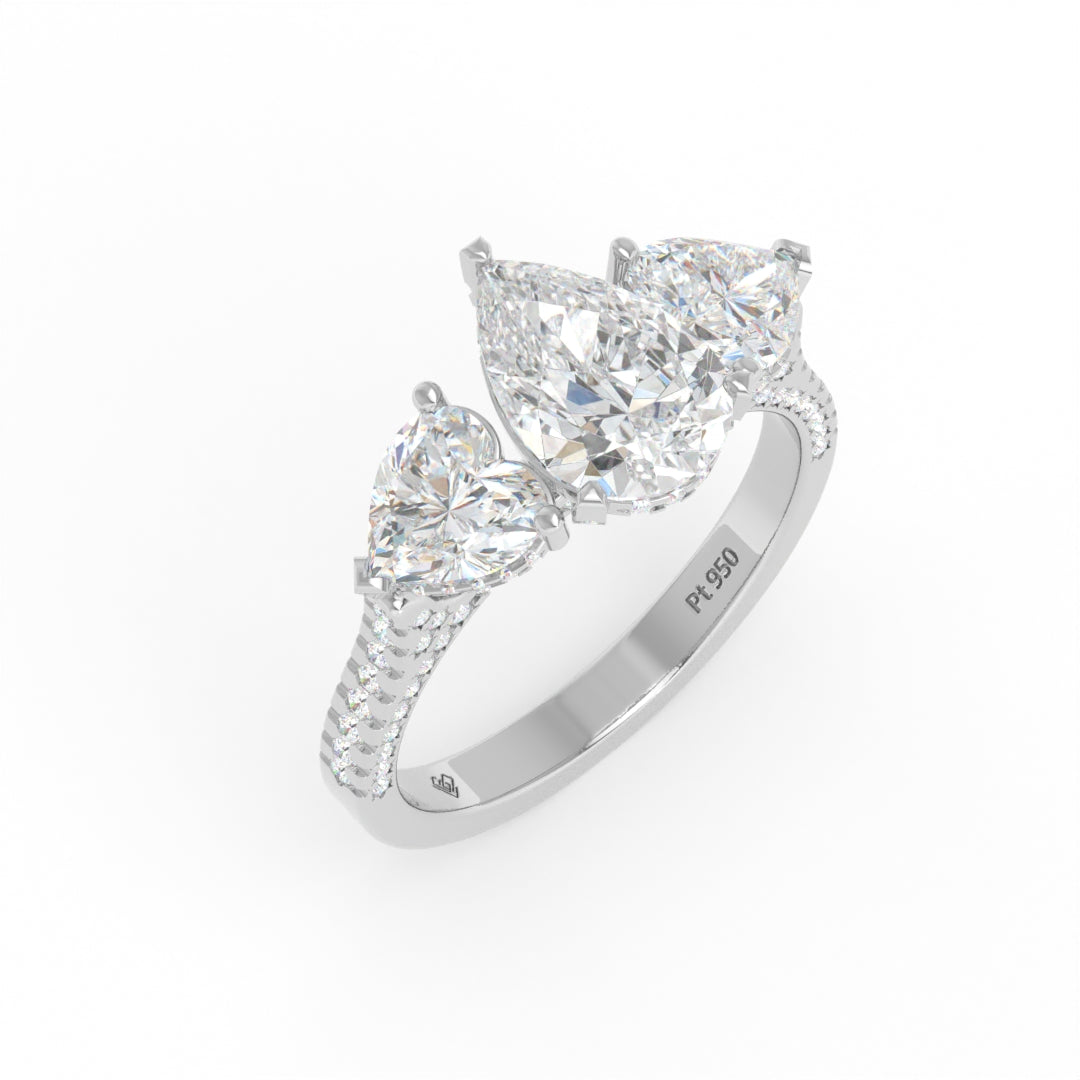 Victoria Pear Cut Diamond Engagement Ring with Heart Cut Side Diamonds and 3D Diamond Band