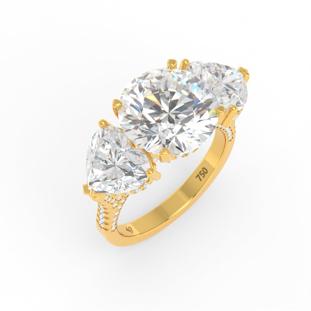 Victoria Round Brilliant Cut Diamond Engagement Ring with Heart Cut Side Diamonds and 3D Diamond Band