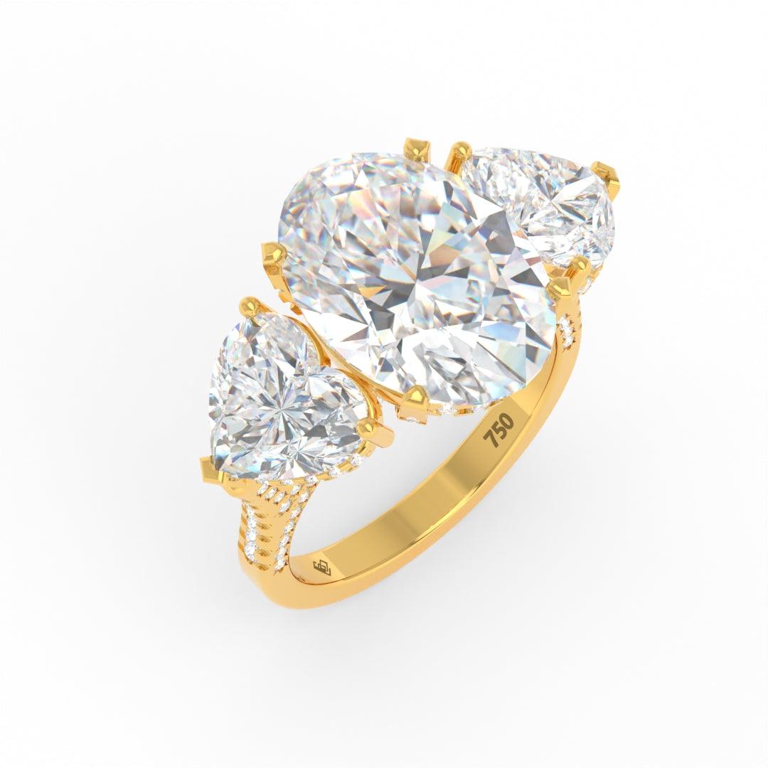 Victoria Oval Cut Diamond Engagement Ring with Heart Cut Side Diamonds and 3D Diamond Band