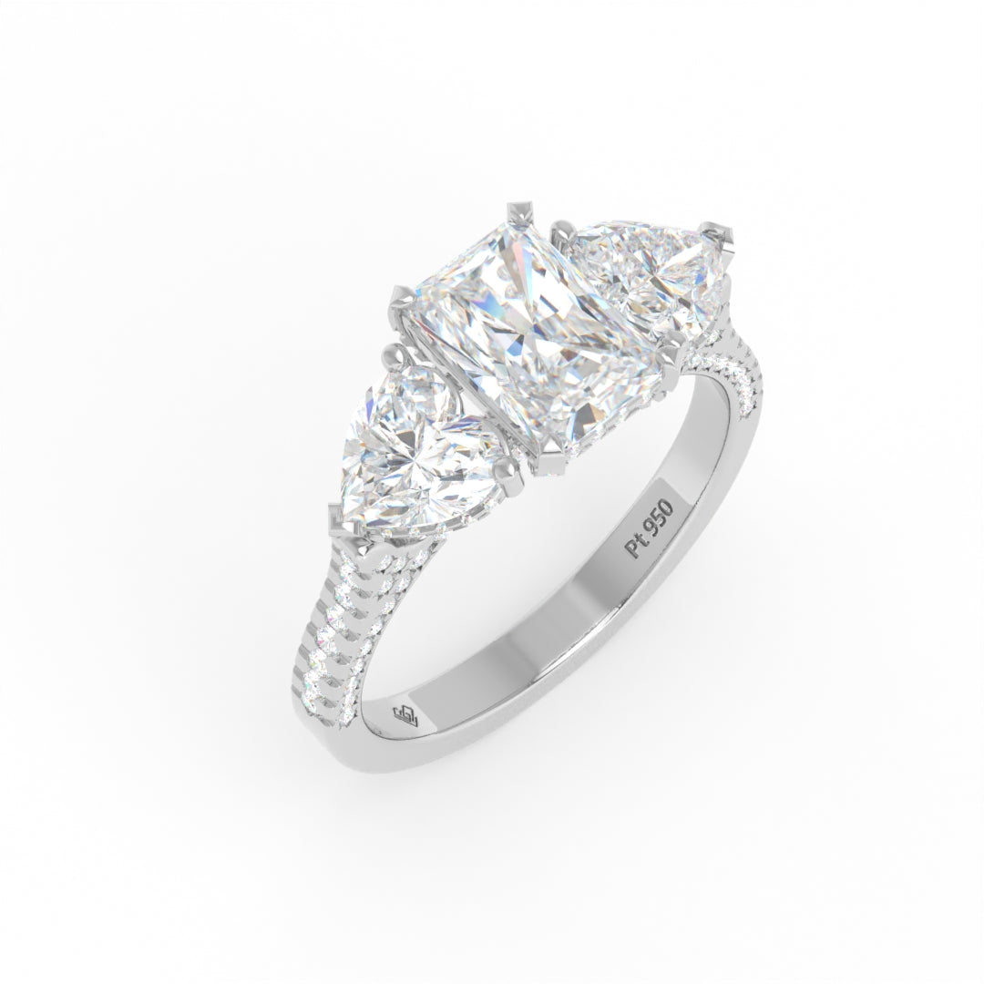 Victoria Radiant Cut Diamond Engagement Ring with Heart Cut Side Diamonds and 3D Diamond Band