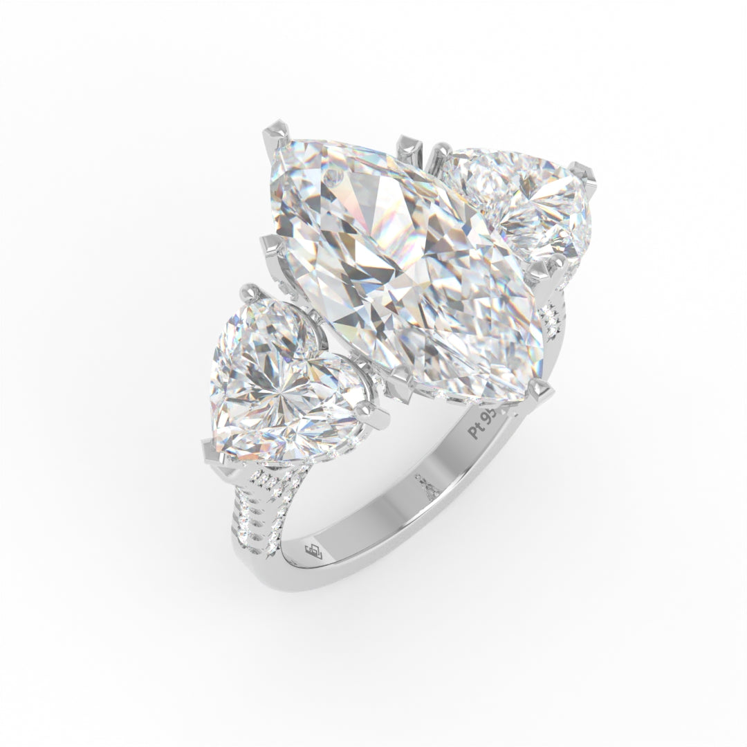 Victoria Marquise Cut Diamond Engagement Ring with Heart Cut Side Diamonds and 3D Diamond Band