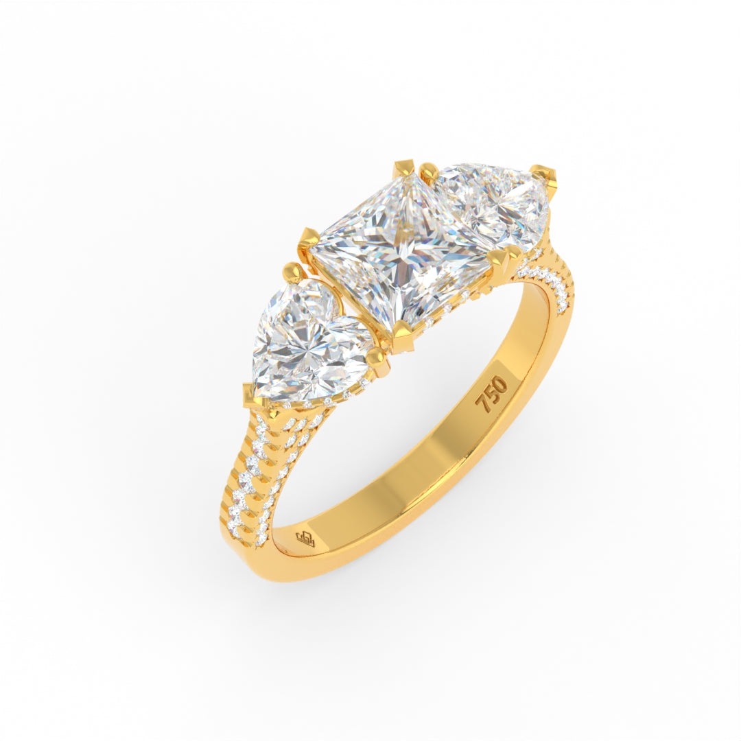 Victoria Princess Cut Diamond Engagement Ring with Heart Cut Side Diamonds and 3D Diamond Band