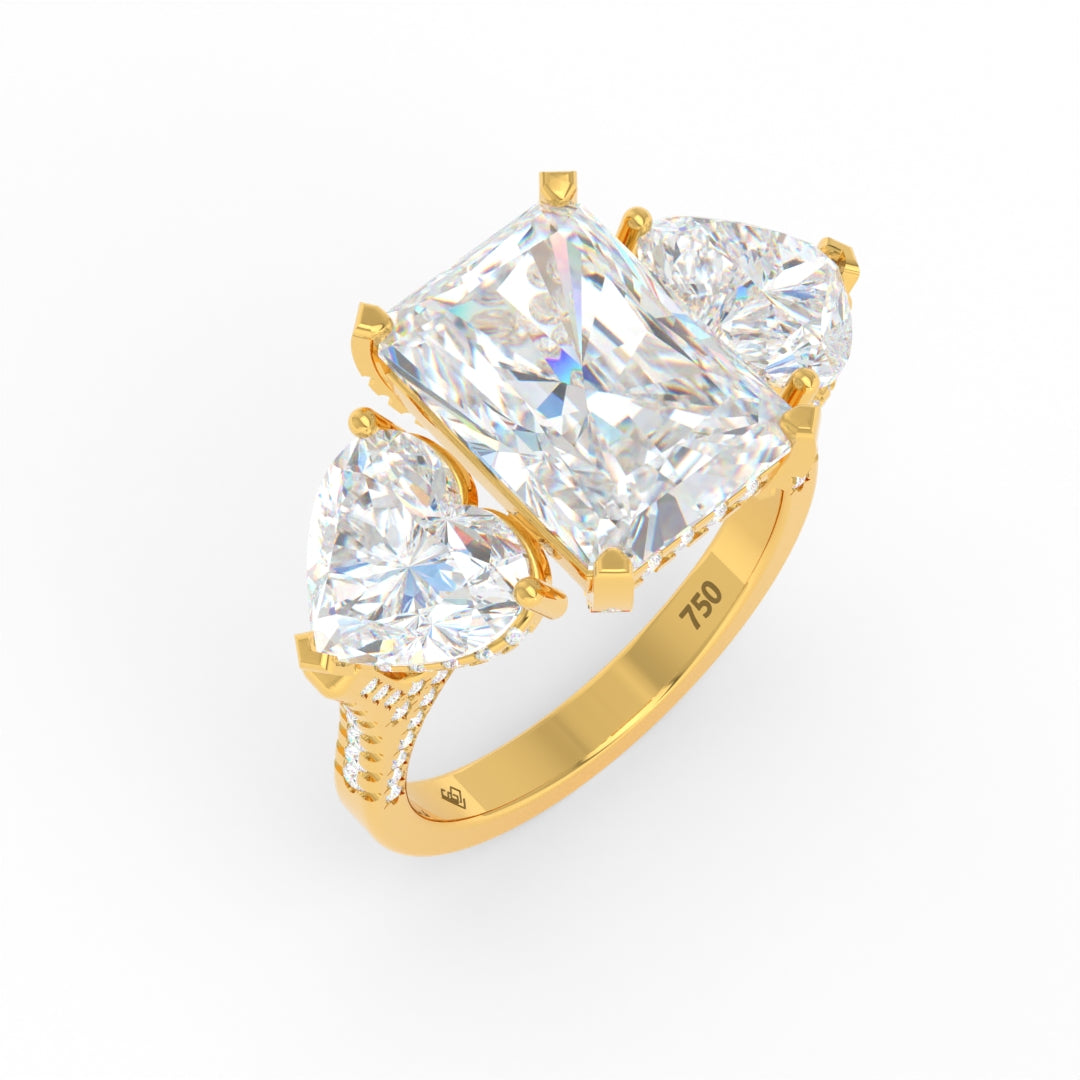 Bague de fiançailles Victoria en diamant taille radiant avec diamants latéraux taille cœur et anneau en diamant 3D