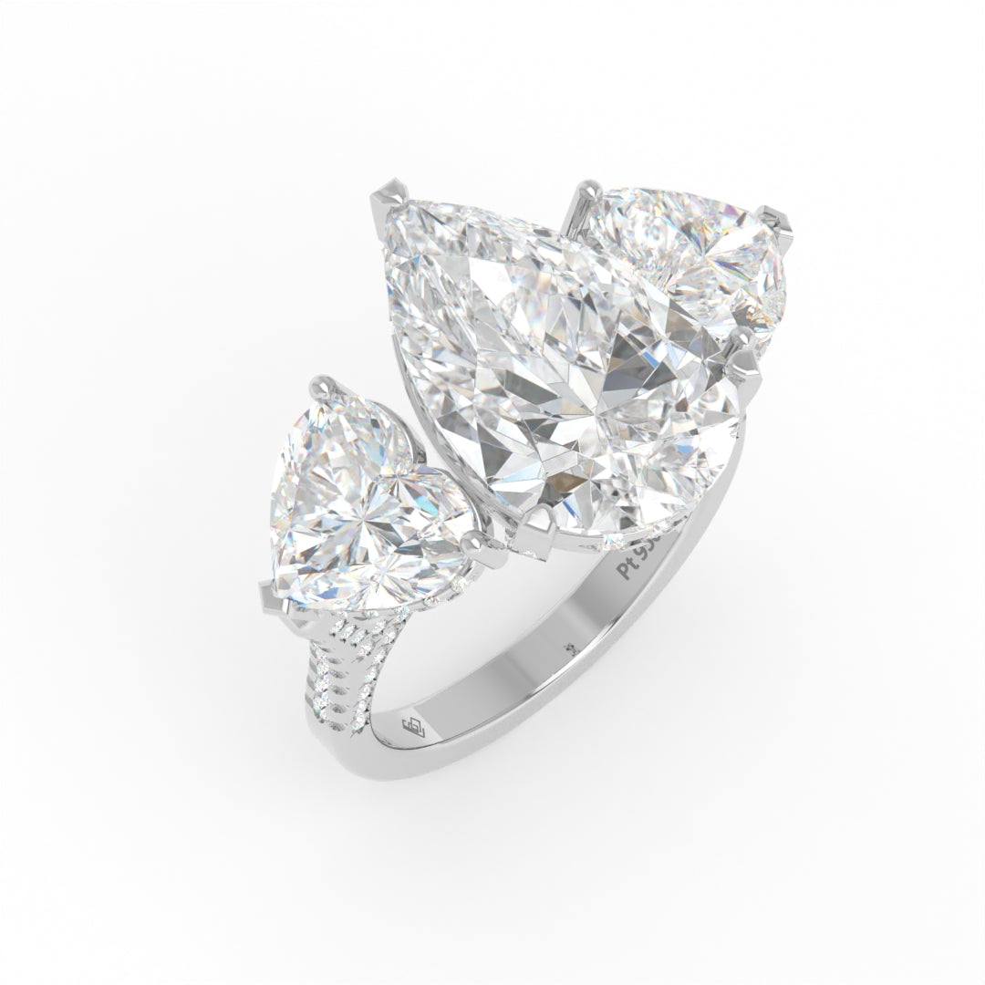 Victoria Pear Cut Diamond Engagement Ring with Heart Cut Side Diamonds and 3D Diamond Band