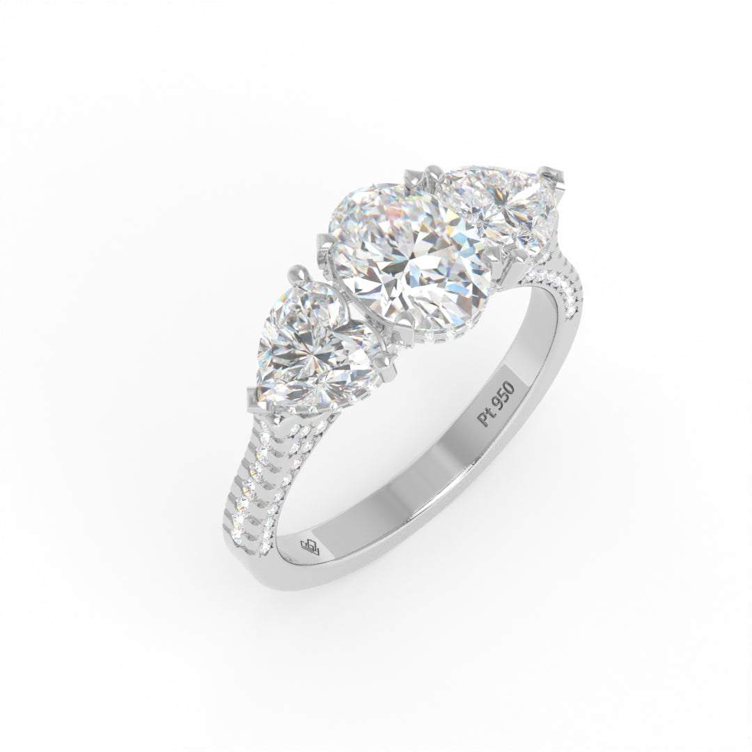 Victoria Oval Cut Diamond Engagement Ring with Heart Cut Side Diamonds and 3D Diamond Band