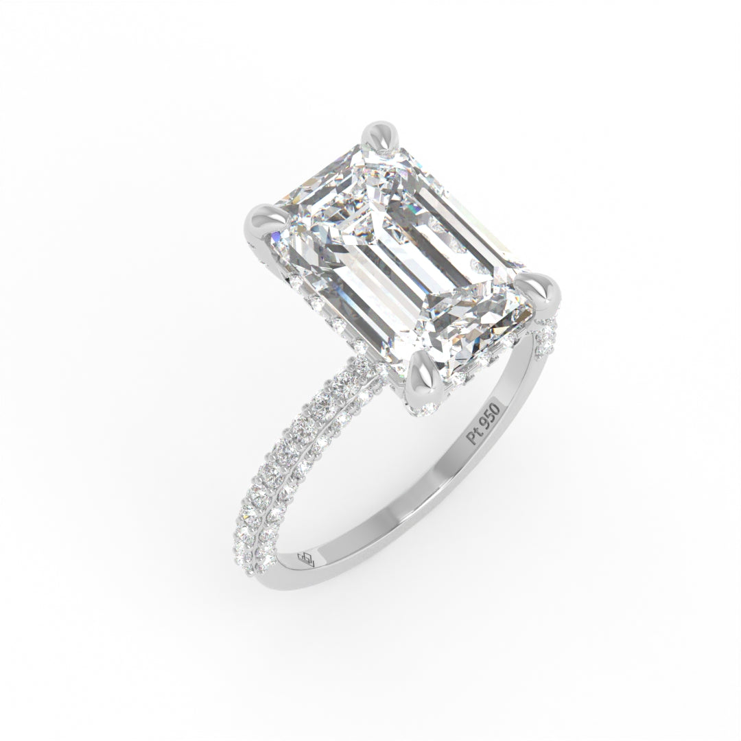Mia Emerald Cut Diamond Engagement Ring with Diamond Hidden Halo and 3D Diamond Band