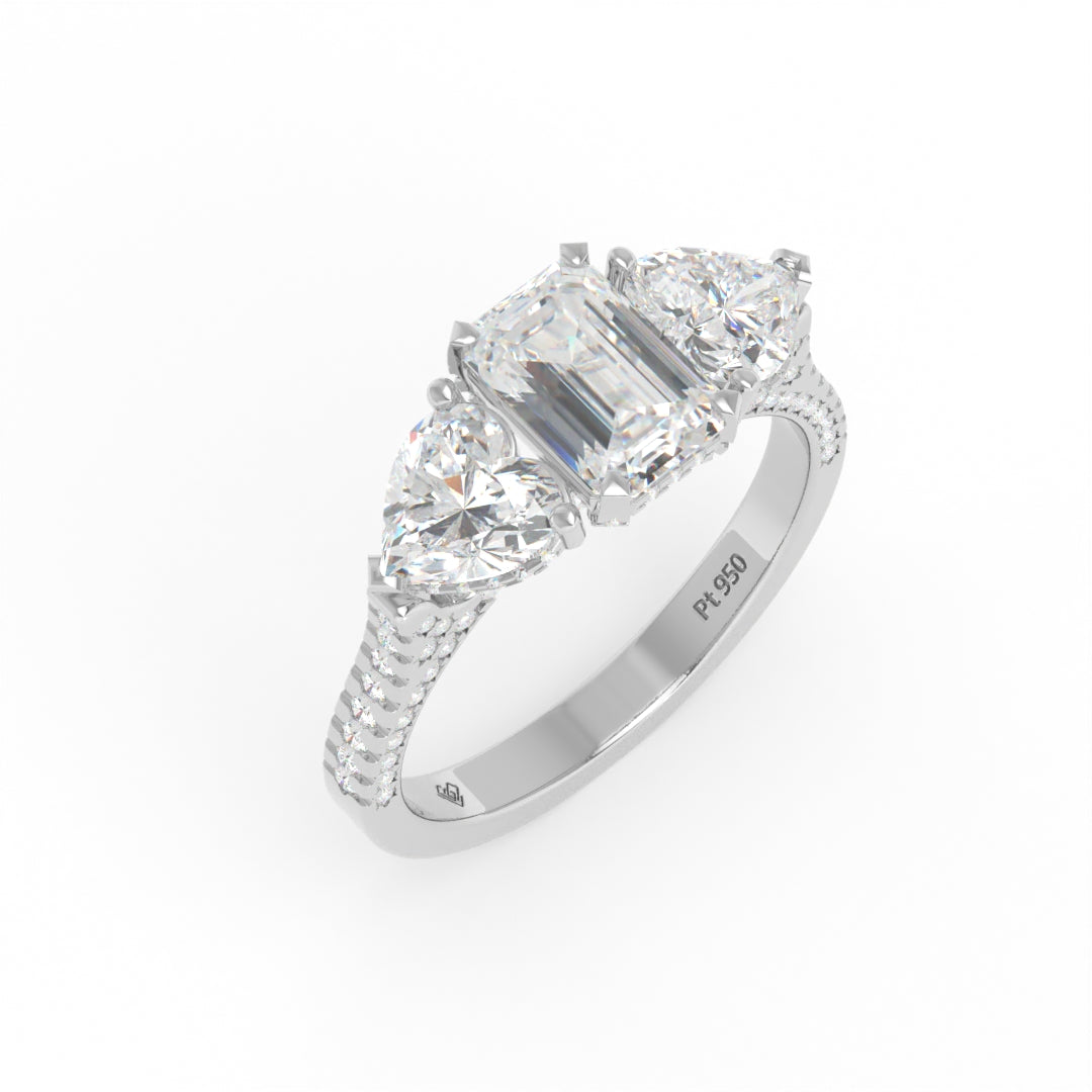 Victoria Emerald Cut Diamond Engagement Ring with Heart Cut Side Diamonds and 3D Diamond Band