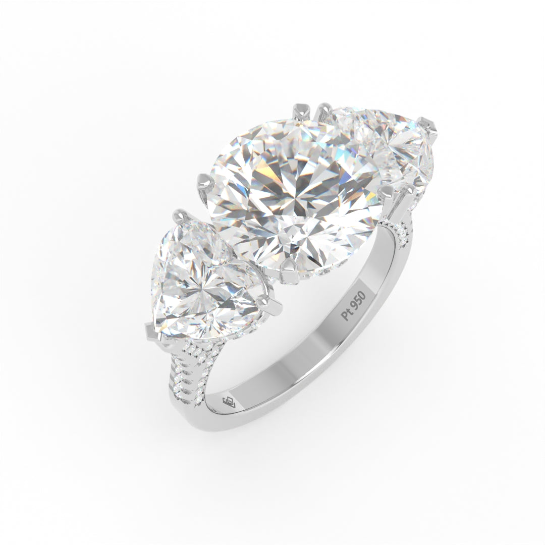 Victoria Round Brilliant Cut Diamond Engagement Ring with Heart Cut Side Diamonds and 3D Diamond Band