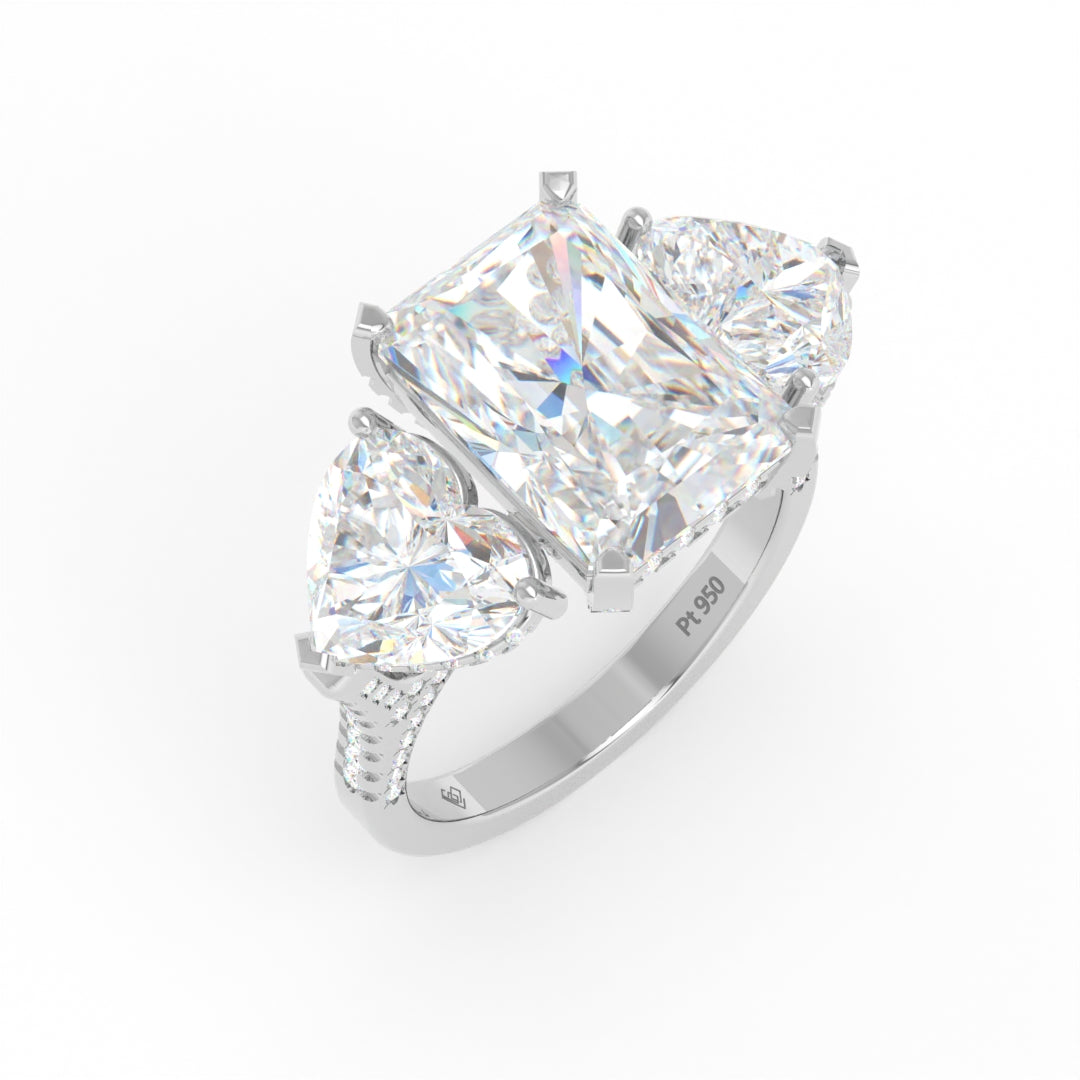 Victoria Radiant Cut Diamond Engagement Ring with Heart Cut Side Diamonds and 3D Diamond Band
