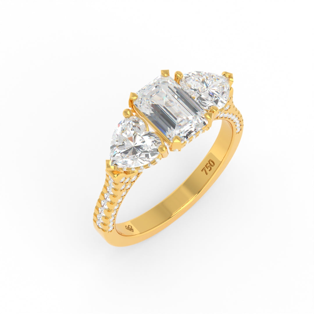 Victoria Emerald Cut Diamond Engagement Ring with Heart Cut Side Diamonds and 3D Diamond Band