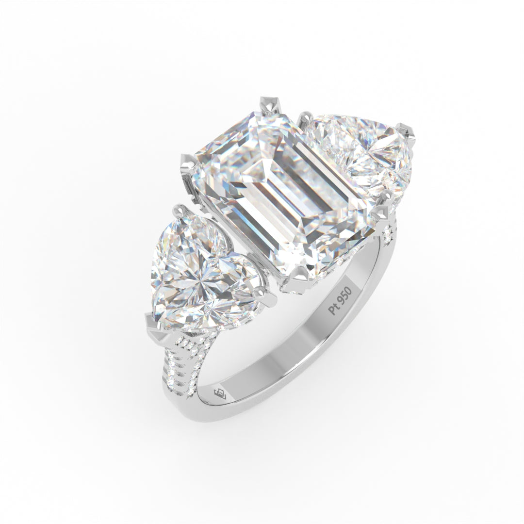 Victoria Emerald Cut Diamond Engagement Ring with Heart Cut Side Diamonds and 3D Diamond Band