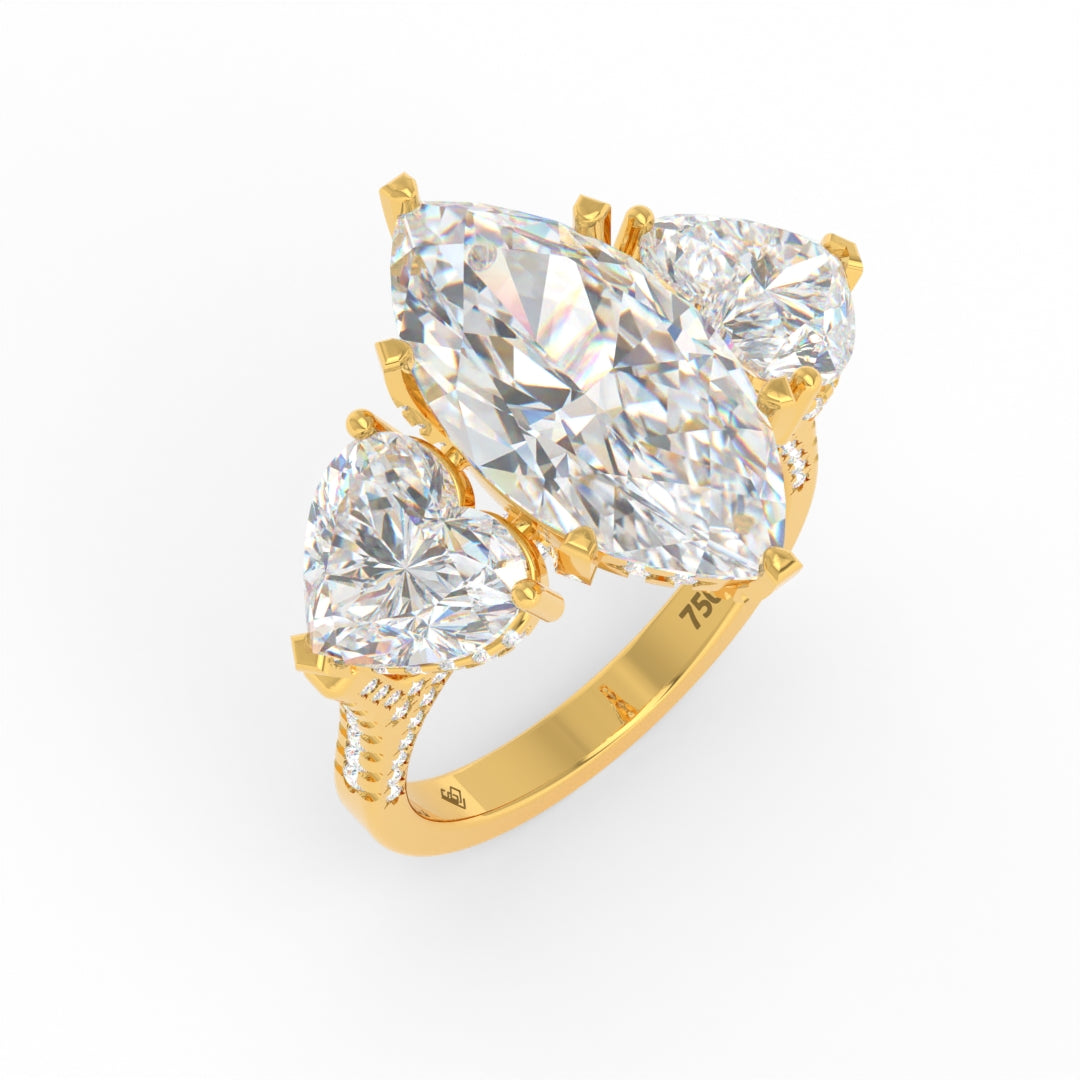 Victoria Marquise Cut Diamond Engagement Ring with Heart Cut Side Diamonds and 3D Diamond Band