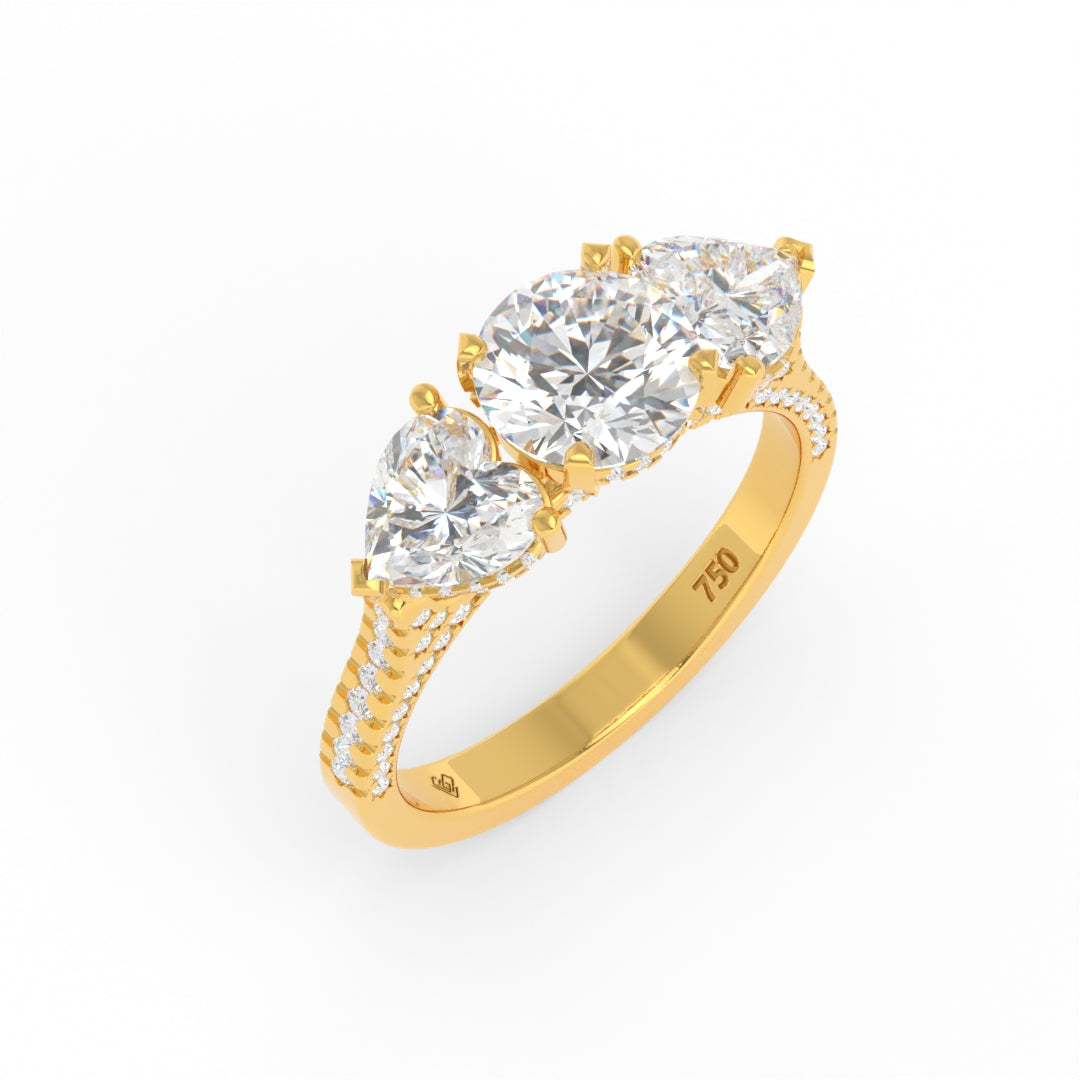 Victoria Round Brilliant Cut Diamond Engagement Ring with Heart Cut Side Diamonds and 3D Diamond Band