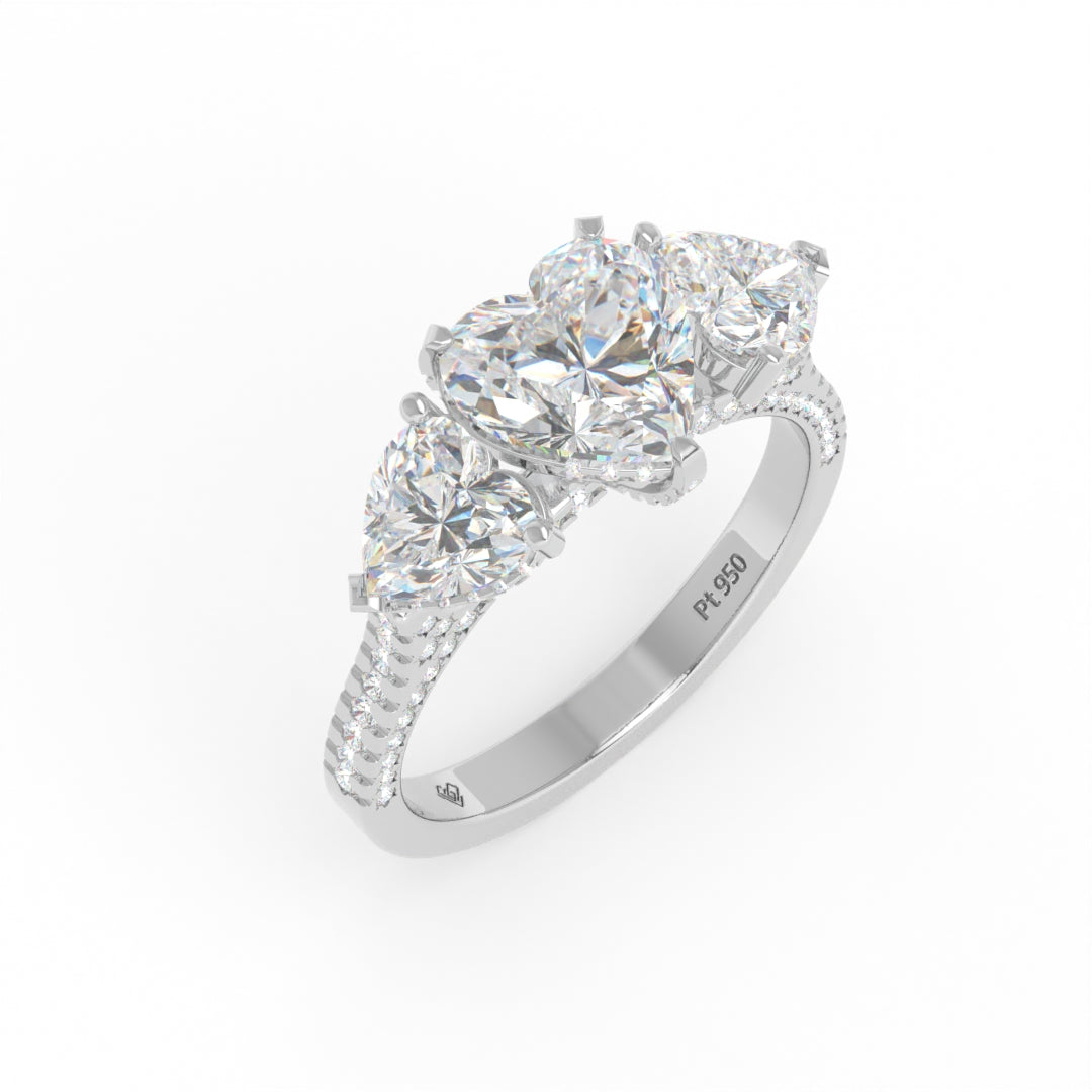 Victoria Heart Cut Diamond Engagement Ring with Heart Cut Side Diamonds and 3D Diamond Band