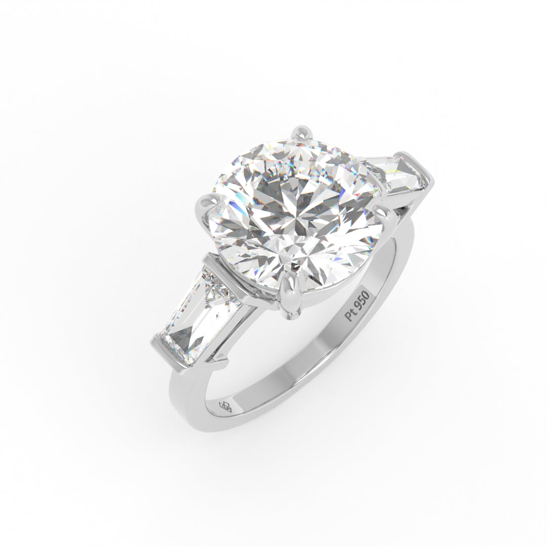 Mary Round Brilliant Cut Diamond Engagement Ring With Tapering Baguette Cut Side Diamond