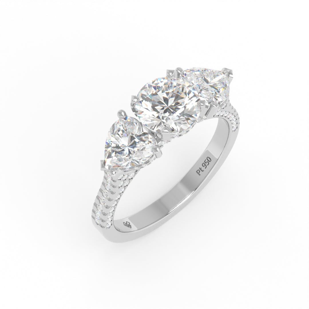 Victoria Round Brilliant Cut Diamond Engagement Ring with Heart Cut Side Diamonds and 3D Diamond Band