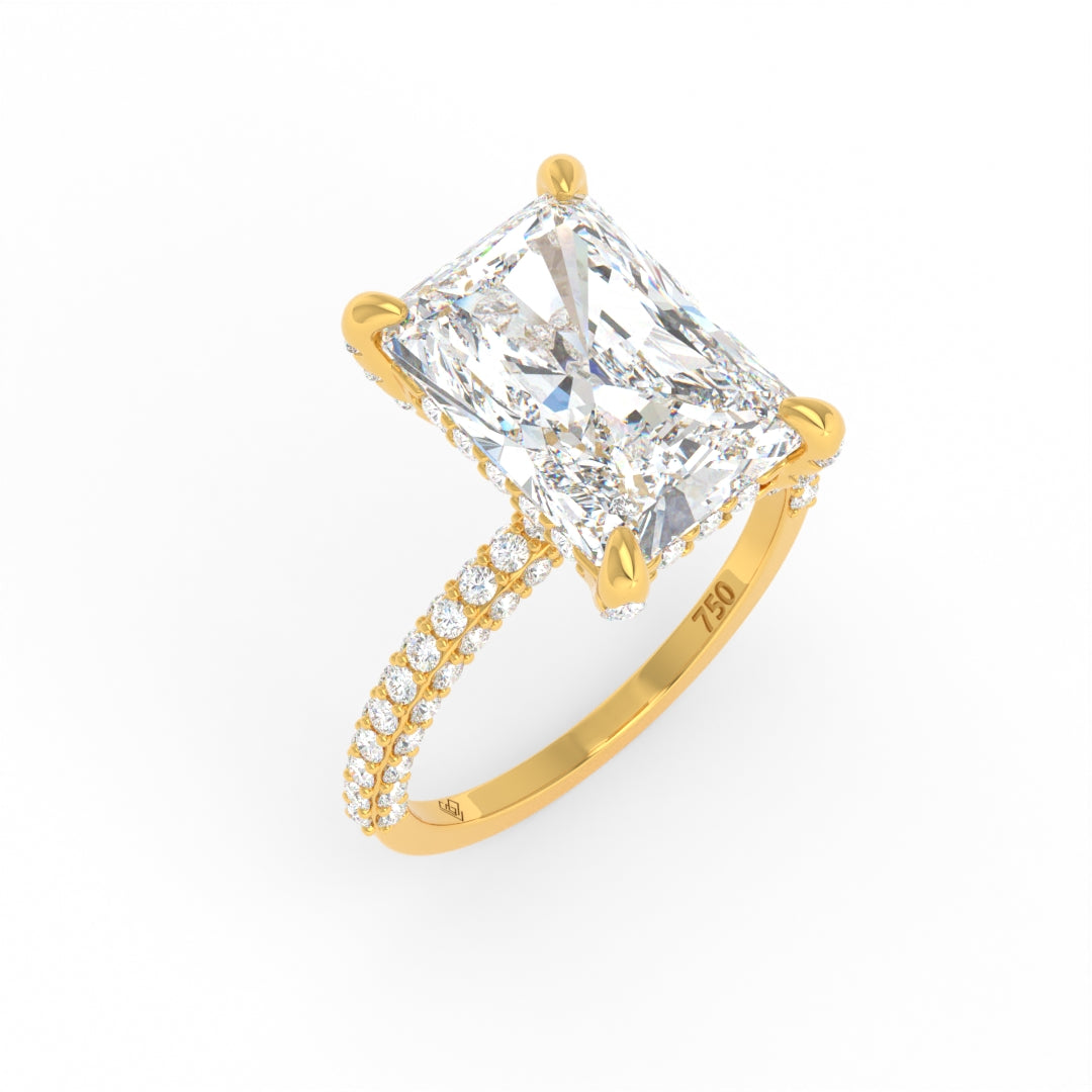 Bague de fiançailles Mia en diamant taille radiant avec halo de diamants cachés et anneau en diamant 3D