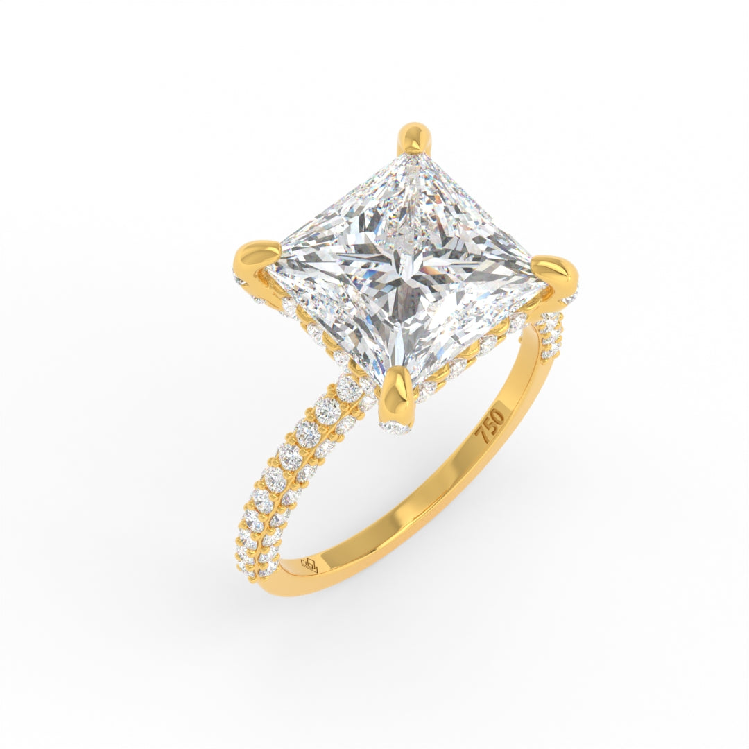 Bague de fiançailles Mia en diamant taille princesse avec halo de diamants cachés et anneau en diamant 3D