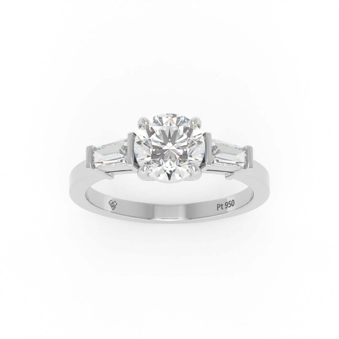 Mary Round Brilliant Cut Diamond Engagement Ring With Tapering Baguette Cut Side Diamond