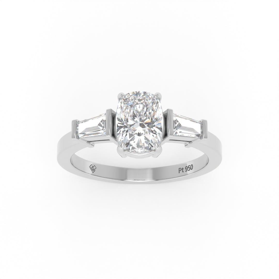 Mary Cushion Cut Diamond Engagement Ring with Tapering Baguette Cut Side Diamonds