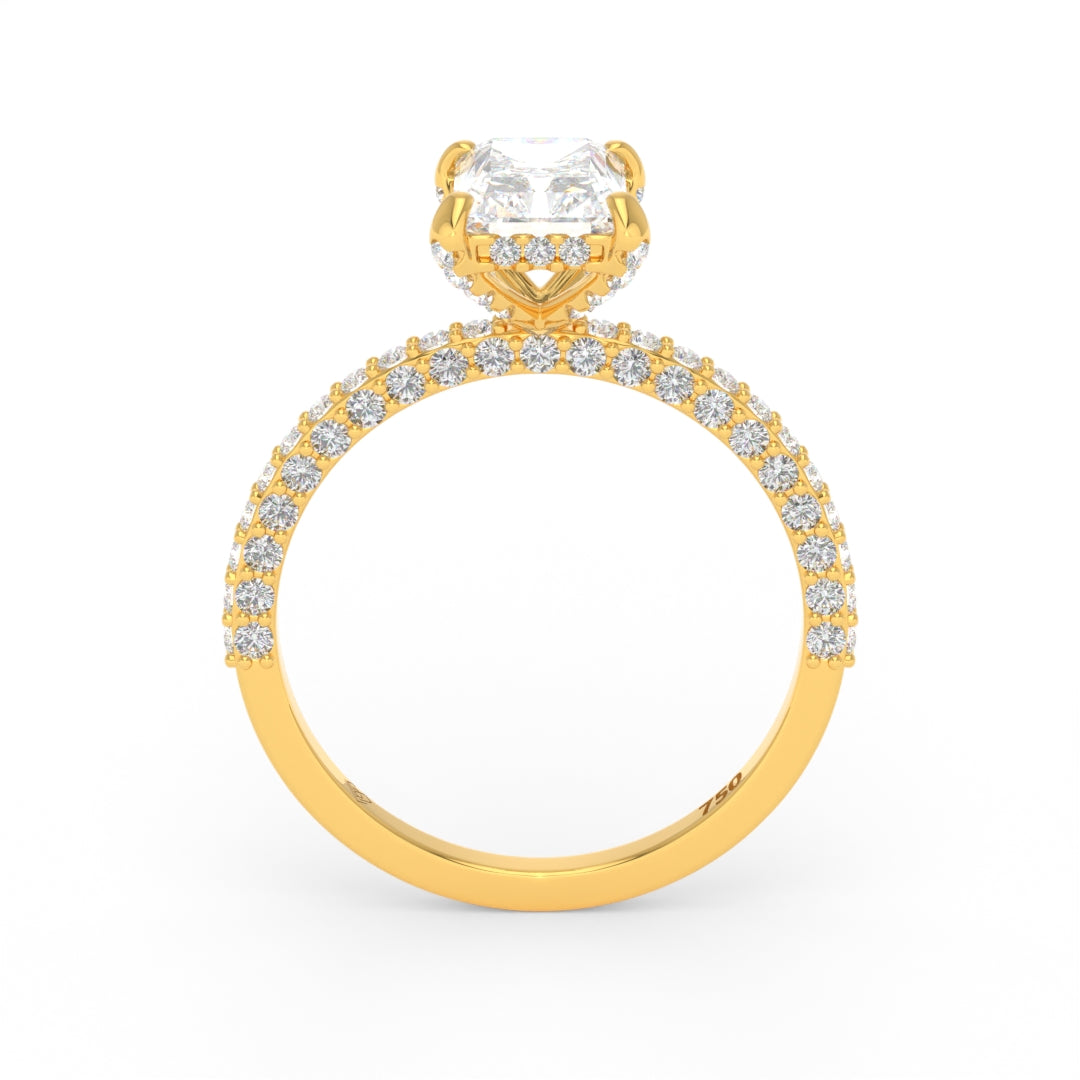 Bague de fiançailles Mia en diamant taille radiant avec halo de diamants cachés et anneau en diamant 3D