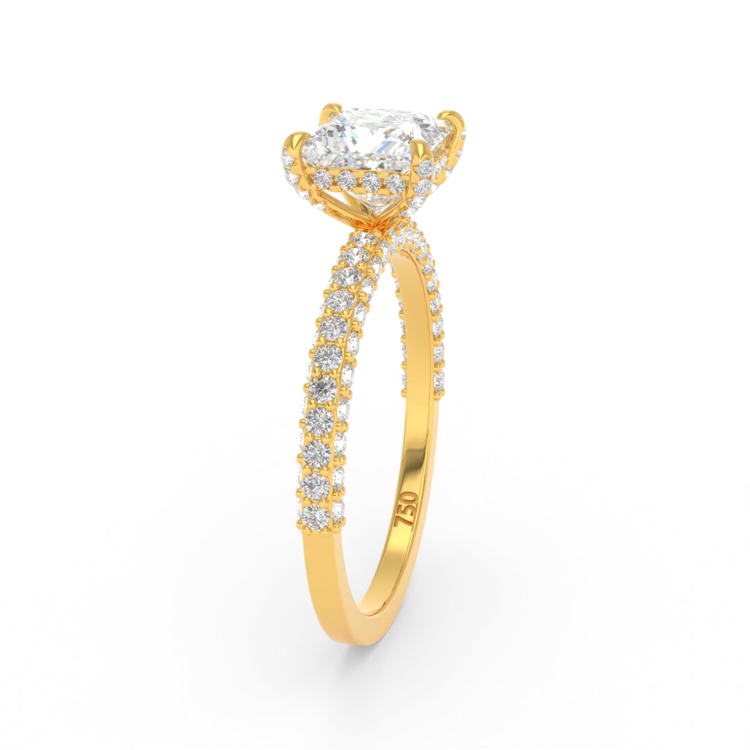 Bague de fiançailles Mia en diamant taille princesse avec halo de diamants cachés et anneau en diamant 3D