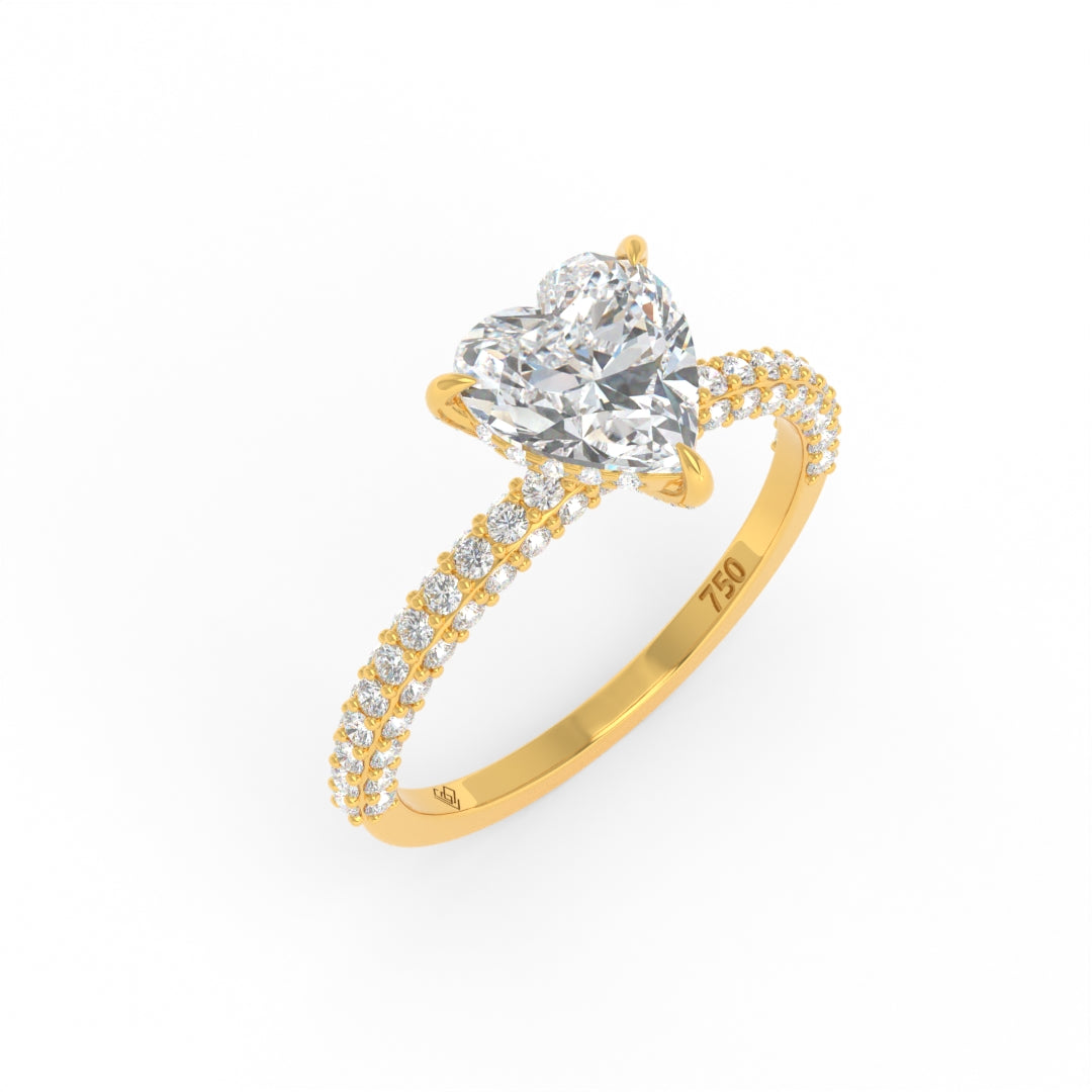 Bague de fiançailles Mia en diamant taille cœur avec halo de diamants cachés et anneau en diamant 3D