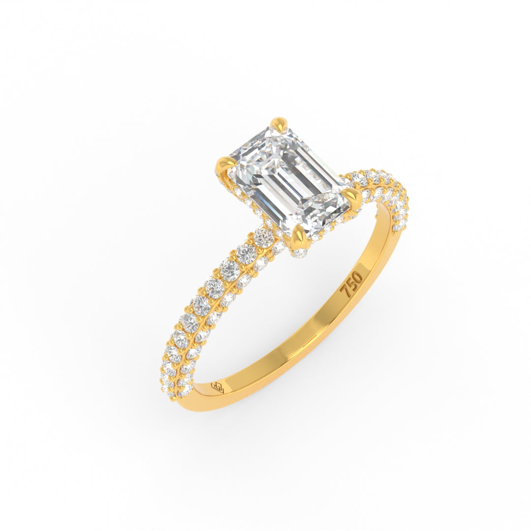 米婭祖母綠切割鑽石訂婚戒指,配有隱藏式鑽石光環和3D鑽石戒圈