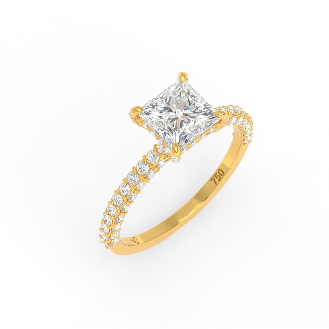 Bague de fiançailles Mia en diamant taille princesse avec halo de diamants cachés et anneau en diamant 3D