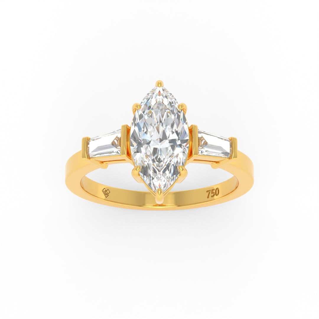 Mary Marquise cut diamond engagement ring with tapering baguette cut side diamonds set in 18k gold band